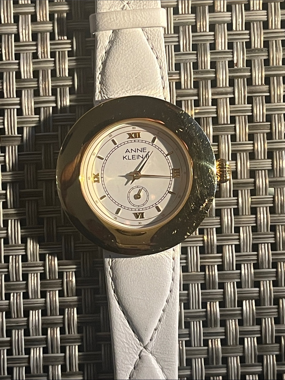 Anne Klein White Leather Strap Gold-Tone Round Watch